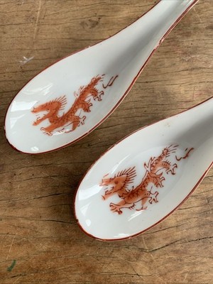 Nice Antique Vintage Pair Of Chinese Red Dragon White Spoons Circa 1920-60