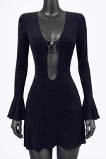 Ladies Blue Shimmer Bodycon Dress with Front Cut-Out & Flared Sleeves