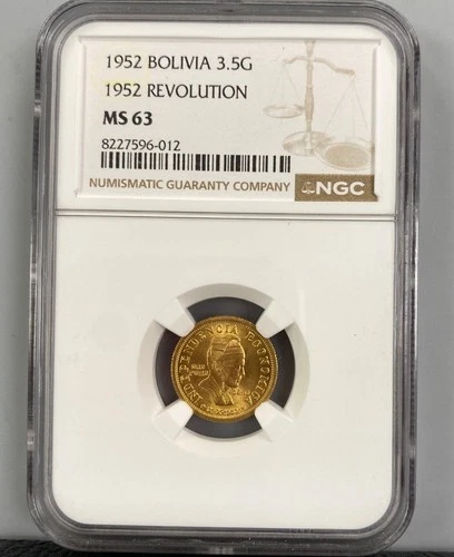 1952 Bolivia 3.50 Gram Gold 1952 Revolution Coin NGC MS63 .1126AGW scarce L23204
