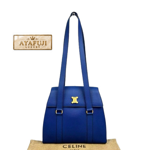 CELINE Grainy Leather Shoulder Bag Cobalt Royal Blue Gold Triomphe Flap Italy