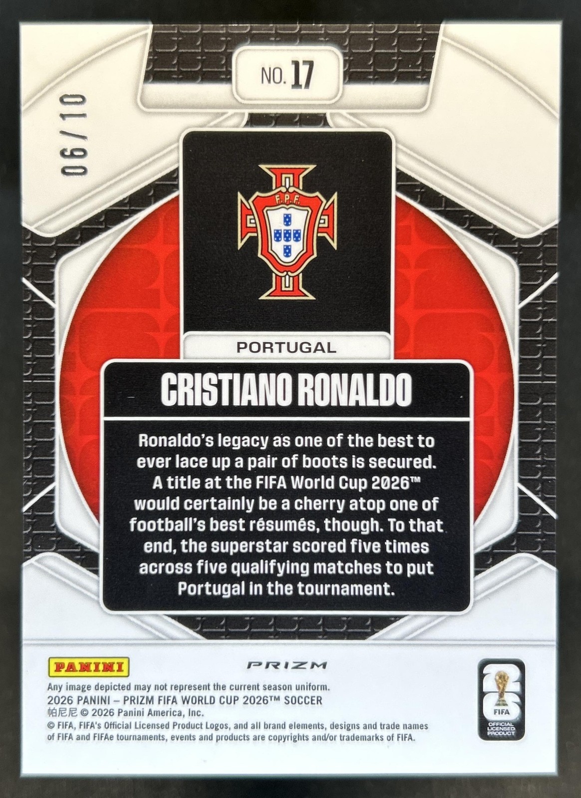 2026 Panini Prizm World Cup Cristiano Ronaldo Trophy Hunting Gold #/10 Portugal view 2