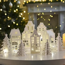 10Pcs Paper Christmas Village Set, Paper White Houses, Trees,With LED String Lig