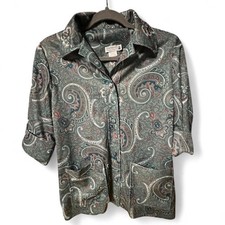 Medium Vintage retro 70s polyester Green paisley button-up shirt