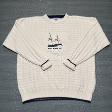 Vintage Sweater Cape Isle Knitters Sail Boat Chunky Knit Beige Mens Large Ocean