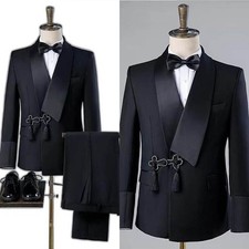 Men Formal Suit Double Breasted Jacket Satin Shawl Lapel Party Wedding