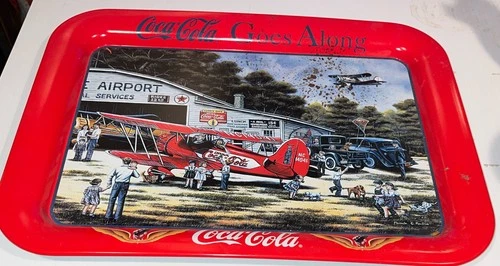 VTG 1998 Coca-Cola Goes Along Metal Tray. Signed Airport Stearman  Bi Plane
