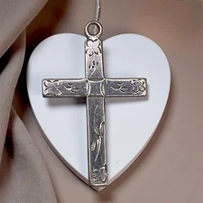 Christian 14K White Gold-Filled Etched Floral Religious Cross Pendant, 1 1/8"