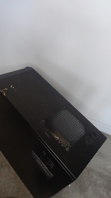 Antec desktop case with motherboard, CPU, CPU fan, 1 fan, and ram.