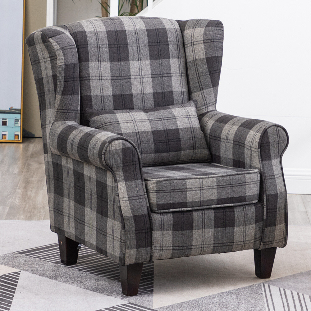 UK Tartan Fabric Fireside Armchair Wing Back Scroll Arm Sofa Living Room  Bedroom