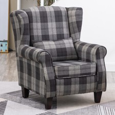 UK Tartan Fabric Fireside Armchair Wing Back Scroll Arm Sofa Living Room Bedroom