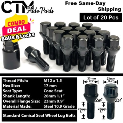 20x Black 12x1.5 Cone Seat Lug Bolt + Wheel Lock Set Plus Socket For All 4Wheel
