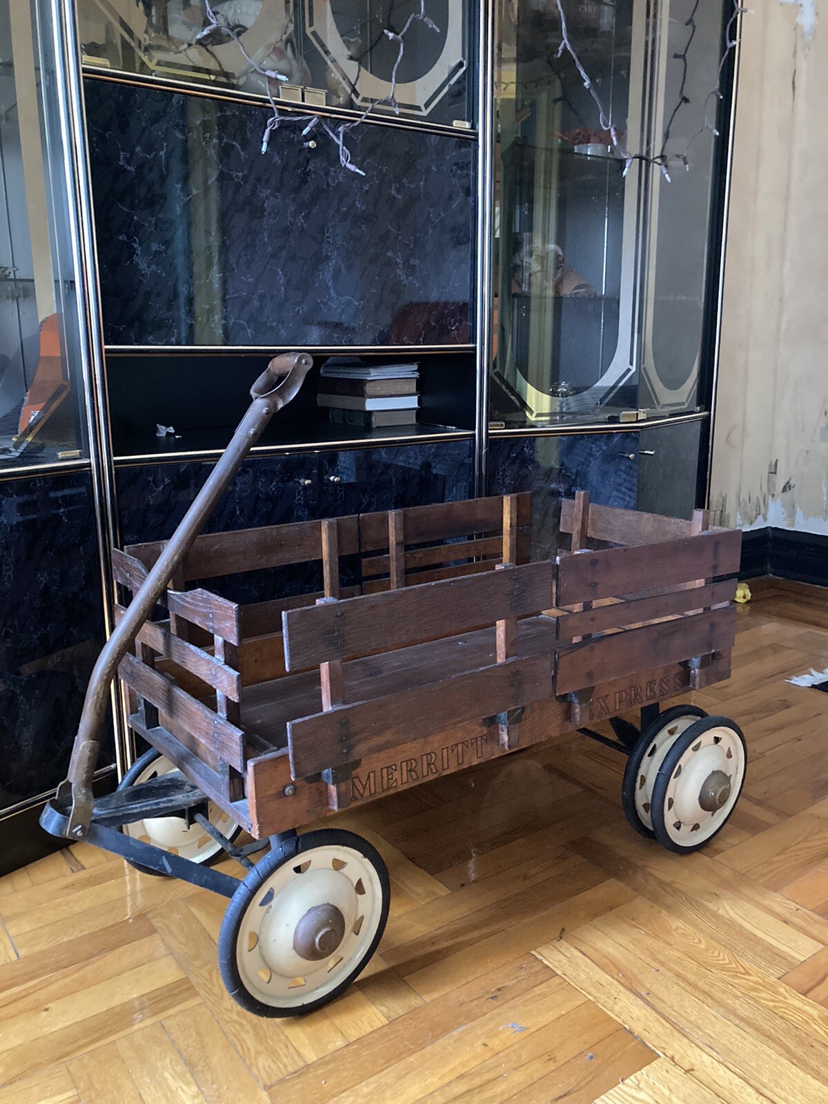 Antique 6-Wheel Merritt Express Vintage Pull Wagon Wooden Sides- Not Radio Flyer