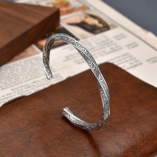 5mm Solid 925 Sterling Silver Mens Vintage Mobius Cuff Bangle Bracelet Open Size - Picture 2 of 6