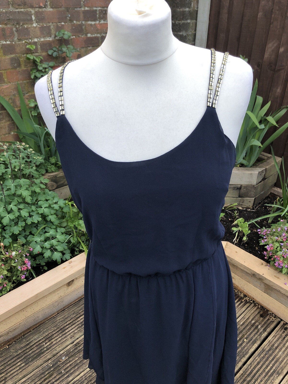 Navy Gold Beaded Spaghetti Strap Dress Size … Gem