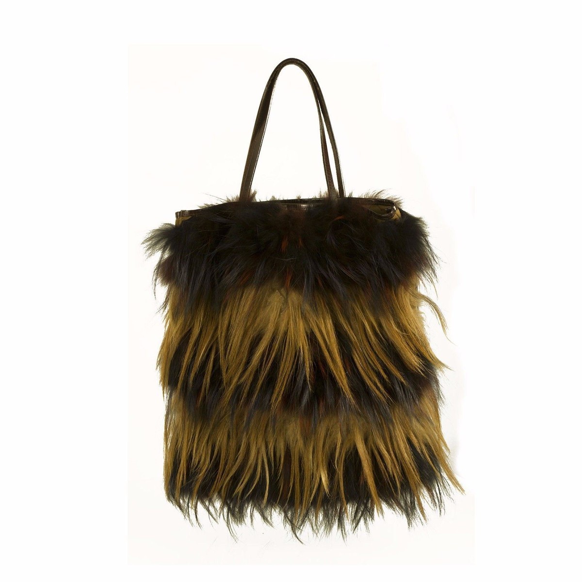 Fendi Long Hair Fox Stripped Fur Brown Leather Shoulder Bucket