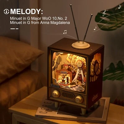 Rolife LED Sonnenuntergang Karneval 3D Holz Puzzles Spieluhr Retro Fernsehen