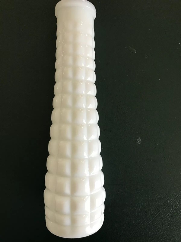 E.O. BRODY CO. USA MILK WHITE GLASS BUD VASE- QUILTED WAFFLE SQUARE  -8.75 IN.