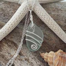 Design and handmade in Hawaii, Wire wrapped seafoam sea glass necklace,