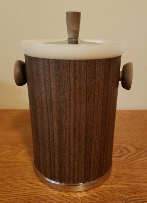 VTG MCM Kromex Ice Bucket Faux Walnut/Chrome Cocktail Bar 1960's Unique