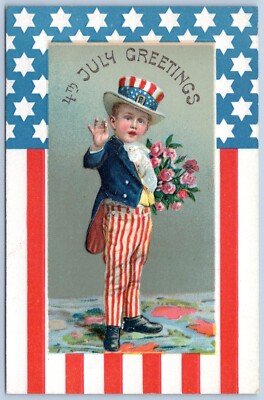 Postcard 4th July Greetings Uncle Sam Boy Flowers Flag Embossed #4 B89