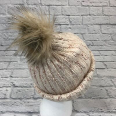 ?Betsey Johnson // Tan Wool Hat Betsey Johnson tan knit hat Pompom top Stretchy Faux Fur | eBay main image 3