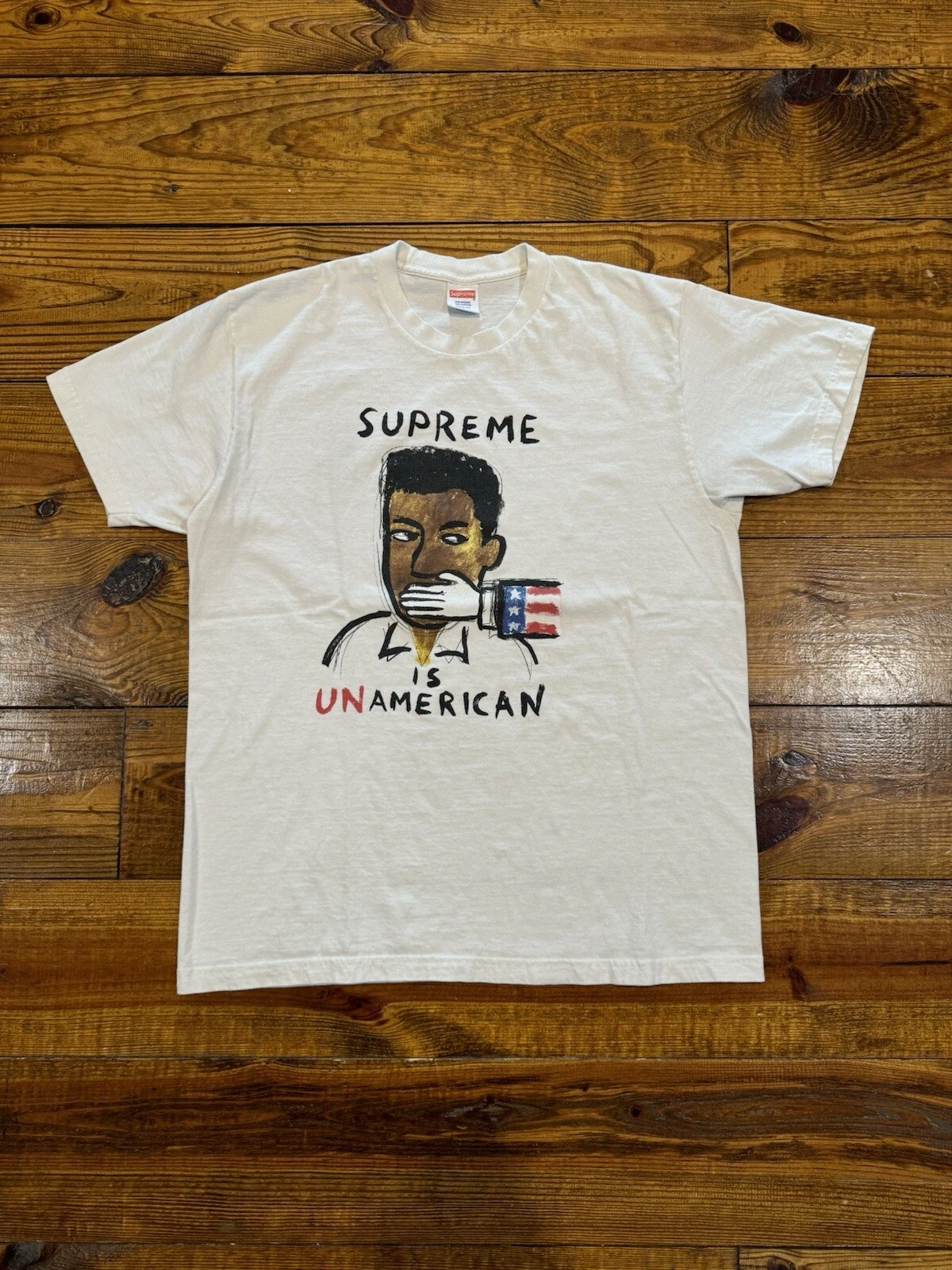 Supreme SS14 Unamerican Tee XL blanc occasion propre skateboard hype box logo