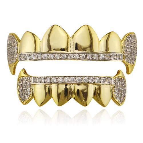 Hip Hop Grills Fangs Top Bottom Set 5A+ CZ 18K Gold Silver Plated Teeth Grillz - Picture 10 of 10