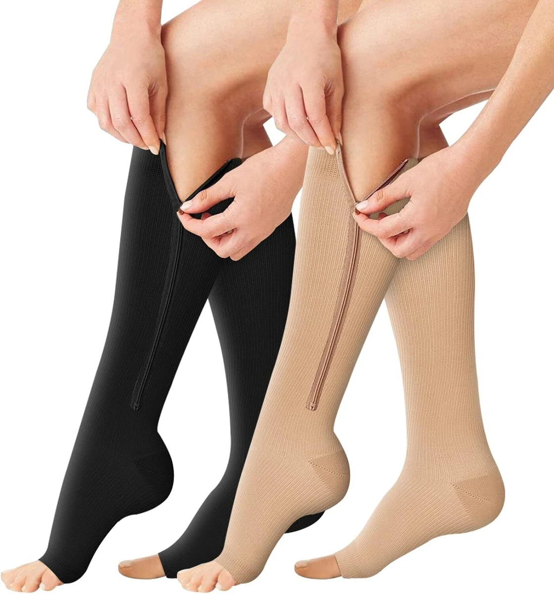 BLUEENJOY Zipper Compression Socks - 2 Pairs 15-20mmHg Open Toe Toeless  Compress