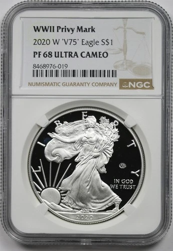 2020-W V75 Silver Eagle $1 NGC PF68 Ultra Cameo WWII Privy Mark 75th Anniversary