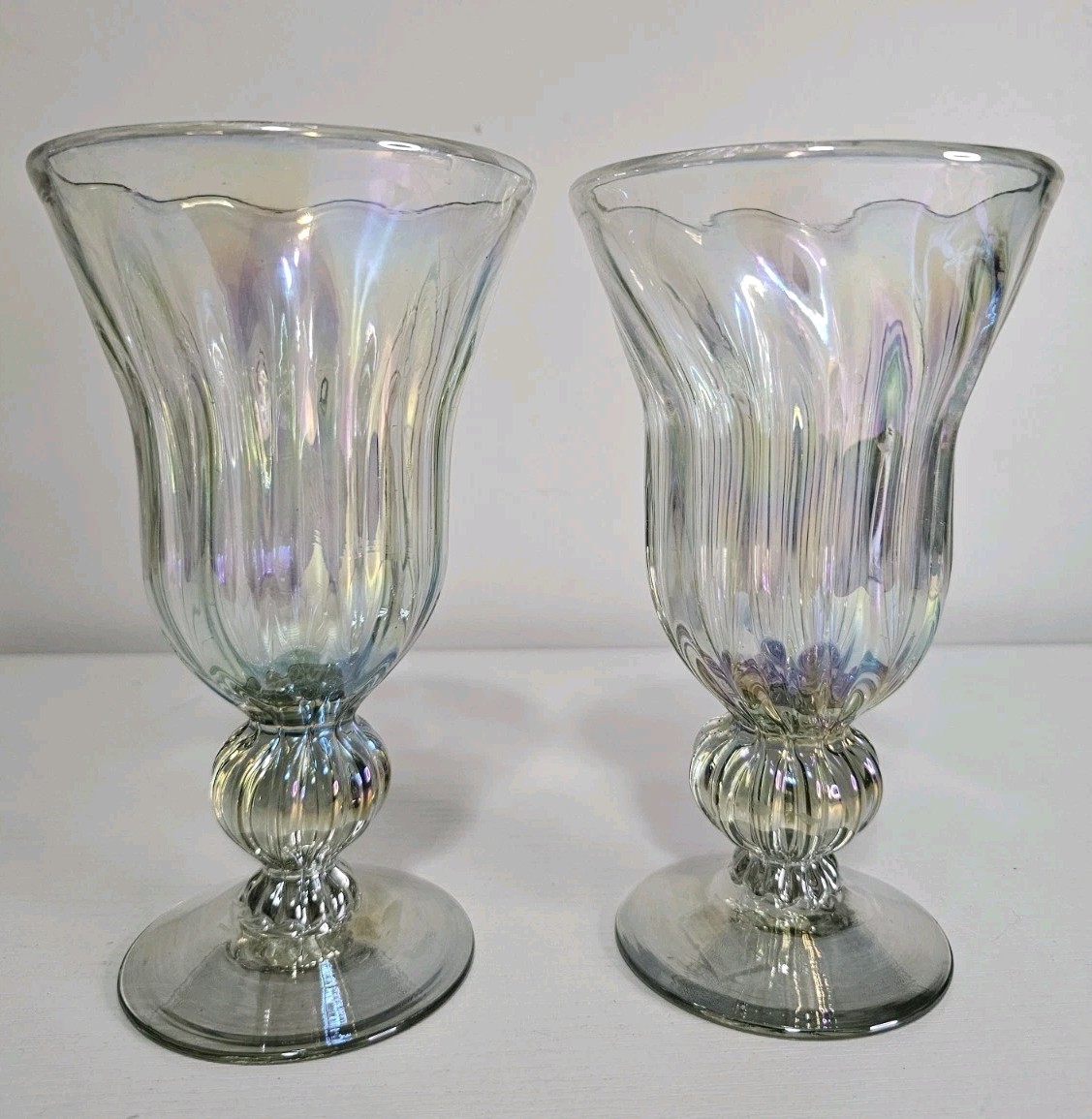 Set of 2 7-inch Fluted Mexican Hand Blown Iridescent Footed Goblet Glasses