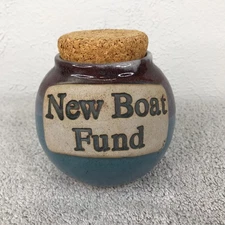 Tumbleweed Pottery Savings Money Jar Cork Lid Blue - New Boat Fund - FLAW