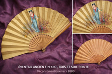 Éventail ancien XIXe bois & soie peinte – décor romantique femme – Napoléon III