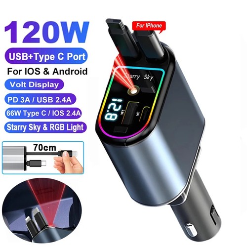 Chargeur Voiture 4 en 1 Rétractable + 120W Câble USB Type-C Adaptateur Charge Rapide - Photo 23 sur 27
