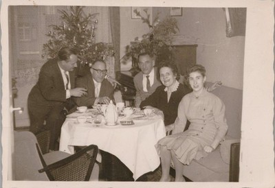 Vtg B&W Snapshot Family Group Coffee Tea Table Christmas Tree 1950s