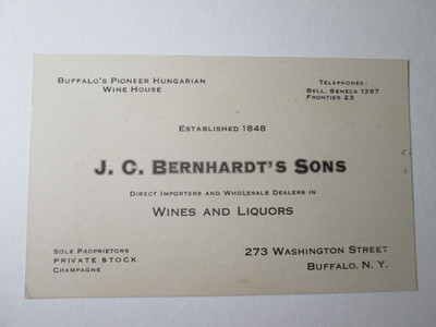 J.C. Bernhardt's Sons Wines & Liquors Buffalo N.Y.  Antique Business Trade Card