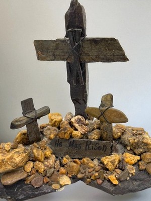 Handmade Stone Cross Religious ''He has Risen'' Sculpture OOAK 8''x7''x3 .5''