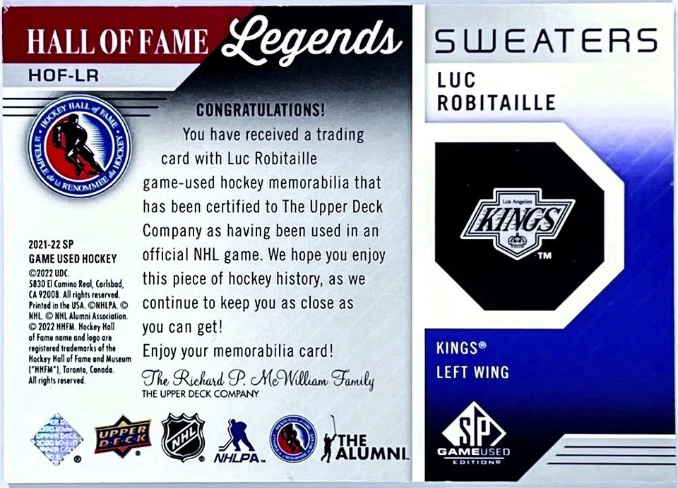 2021-22 SP Game Used Hall of Fame Legends Sweaters LUC ROBITAILLE Patch #HOF-LR - Image 2 of 2