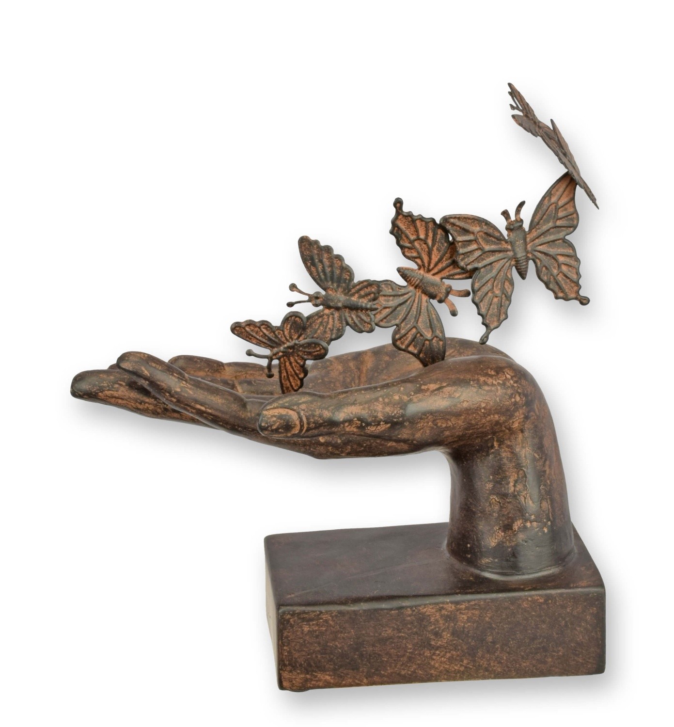 Una figurita de resina de una mano con mariposas. réplica diseño retro decoració