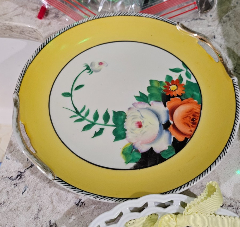 VINTAGE Noritake Hand Painted Two Handled Cake Plate w/ Yellow Rim, Floral Motif