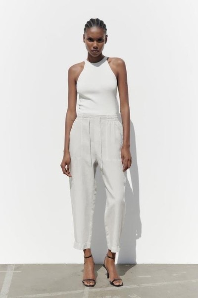 Women ZARA Trousers Silver Lenzing  S