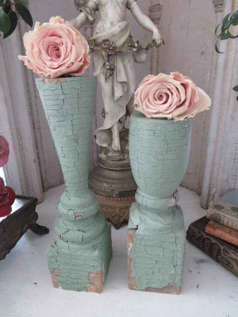2 Candleholders or Risers from Cut Old Salvaged Architectural POSTS CHIPPY GREEN