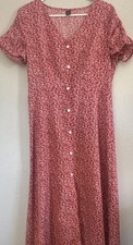 SHEIN Red Floral Button Front V-Neck A-Line Midi Dress Size L Short Sleeve