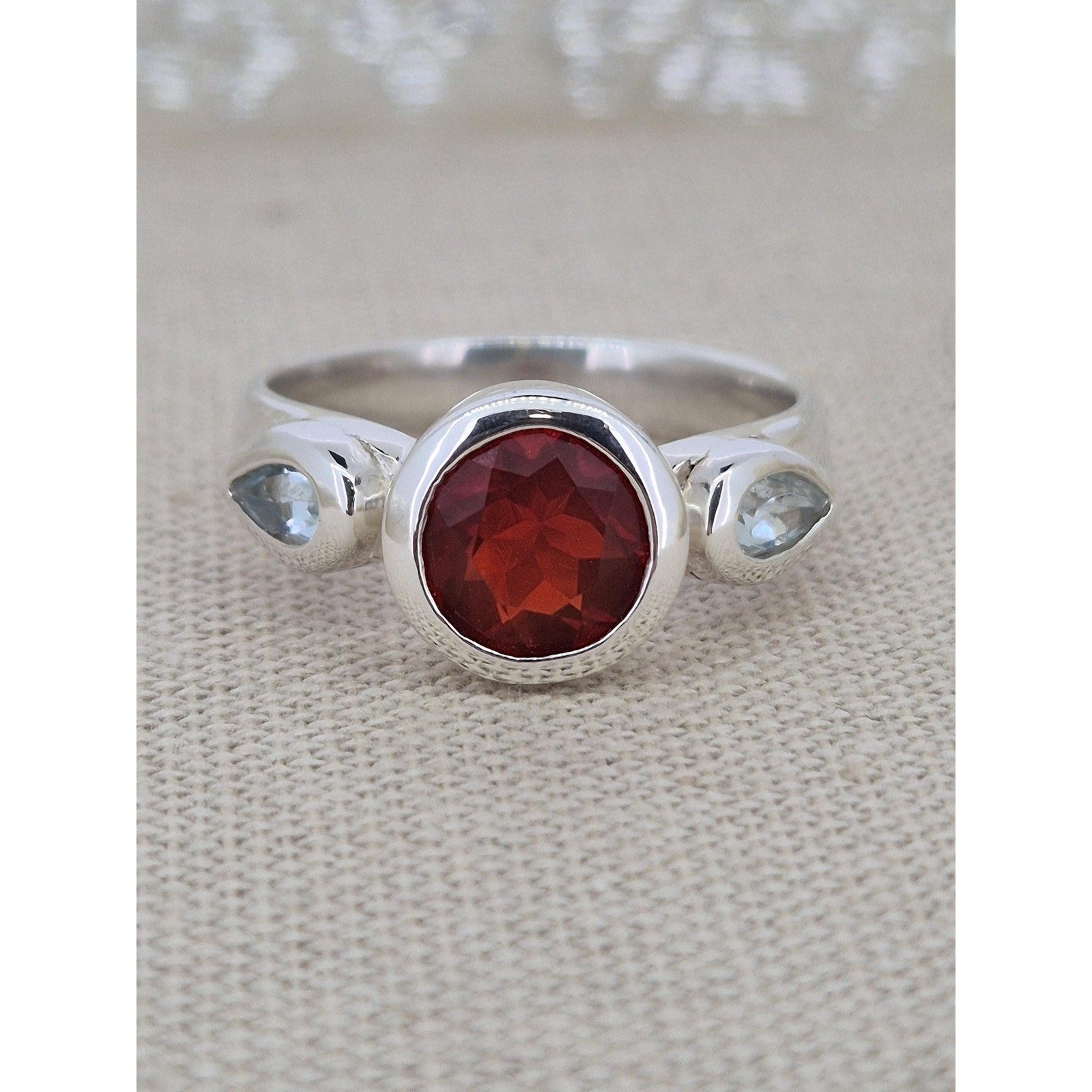 Mexican Fire Opal & Aquamarine Silver Statement Ring Size R image 8