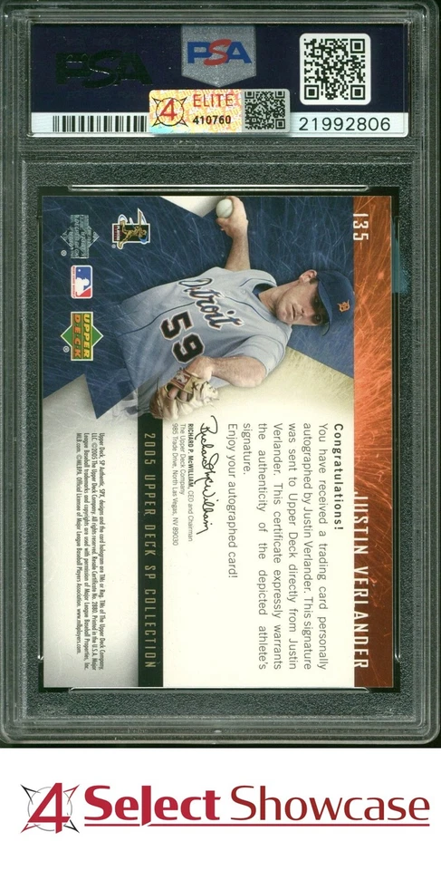 2005 SP COLLECTION SPX SIGNATURE #135 JUSTIN VERLANDER RC #/185 4SC ELITE PSA 10 - Image 2 of 4