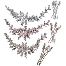 Rose Gold Bride Wedding Crystal Hair Vine Flower Headband 3 Hairpins Bridal