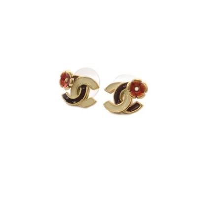 CHANEL 03P Coco Mark Flower Earrings Gold Color White Black /KH  OH Ladies
