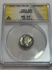 1921 Mercury Dime ANACS VG10 Details Corroded Key Date. Looks Nicer