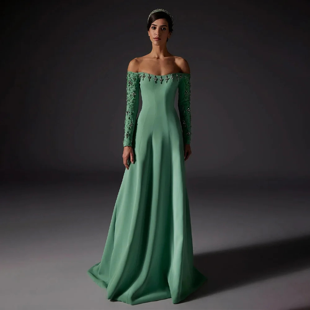 Mint Green A-line Evening Dress Crystal Off Shoulder Long Sleeve Satin Ball Gown