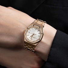 Audemars Piguet Royal Oak Watch 34MM Silver Index Hour Markers Dial Rose Gold 6