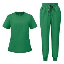 Medical Nursing Scrub Uniform Set Crew-Neck Drawstring Jogger Multi-Pocket